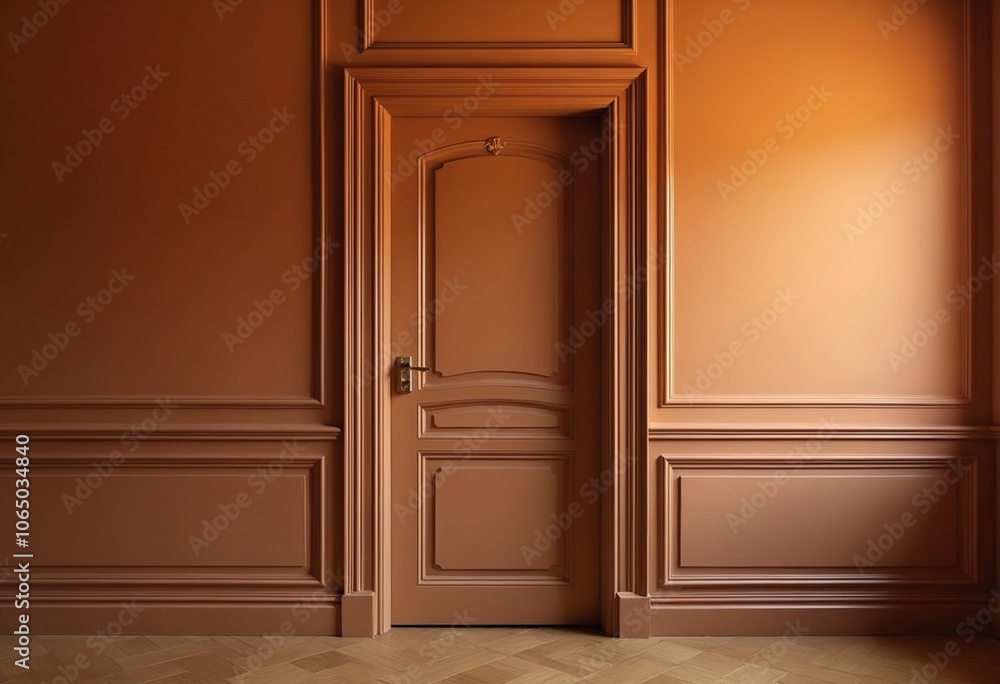 A classic interior door set in a paneled wall against a warm-toned background A classic interior door set in a paneled wall against a warm-toned background