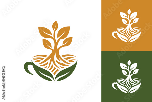 Natural coffee cups with plant rooted tree logo design 