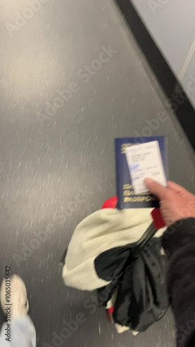 A tourist with a suitcase and boarding pass goes to board the plane.