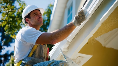 Focused male painter in hard hat applying fresh paint to the exterior of a house, representing professionalism and precision in residential renovation and home improvement.