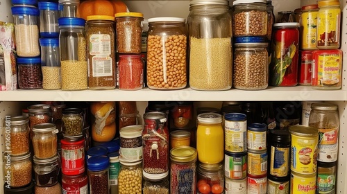 Cozy grocery store interior with shelves lined with various jars containing grains, spices, and dried food, emphasizing a rustic and artisanal vibe.