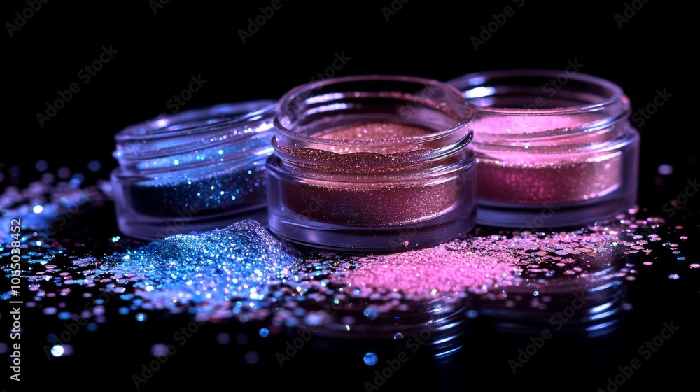 Colorful Glitter Jars and Spilled Sparkle on Black Background Colorful Glitter Jars and Spilled Sparkle on Black Background
