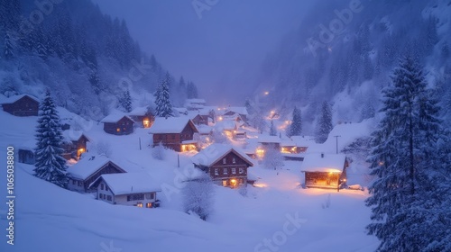 A small village nestled in a snowy valley at twilight.  The houses are lit up, creating a warm and inviting glow.  The mountains in the background are shrouded in mist. photo