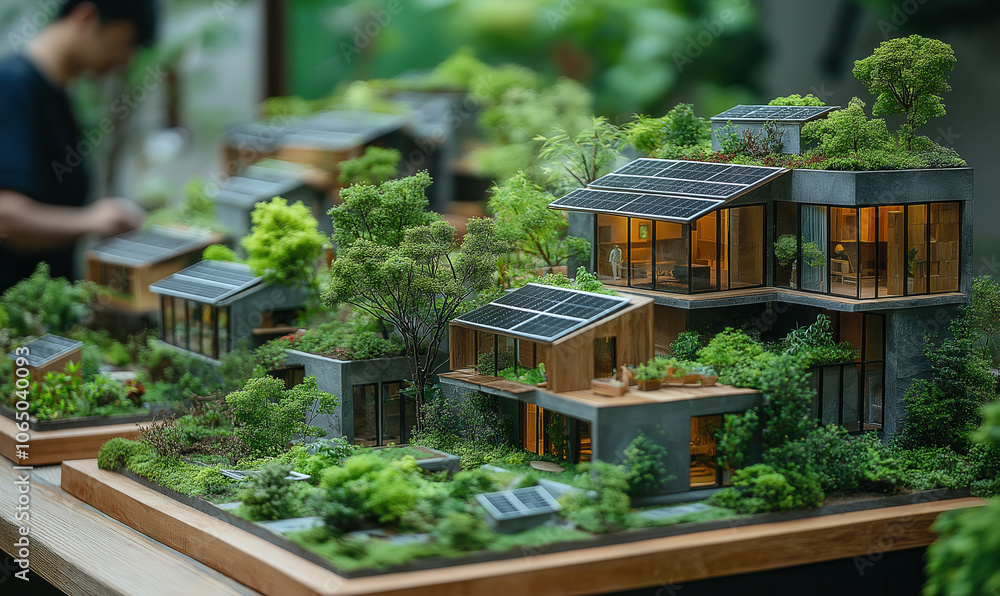 Fototapeta premium Ecology concept, a model of a green city with solar panels on the roofs of houses.