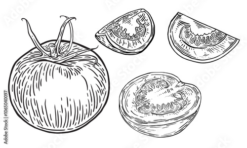Tomatoes set. Two Tomato hand drawn ink sketch clip art. Fresh vegetables food in engraving style. Black and white vector illustration