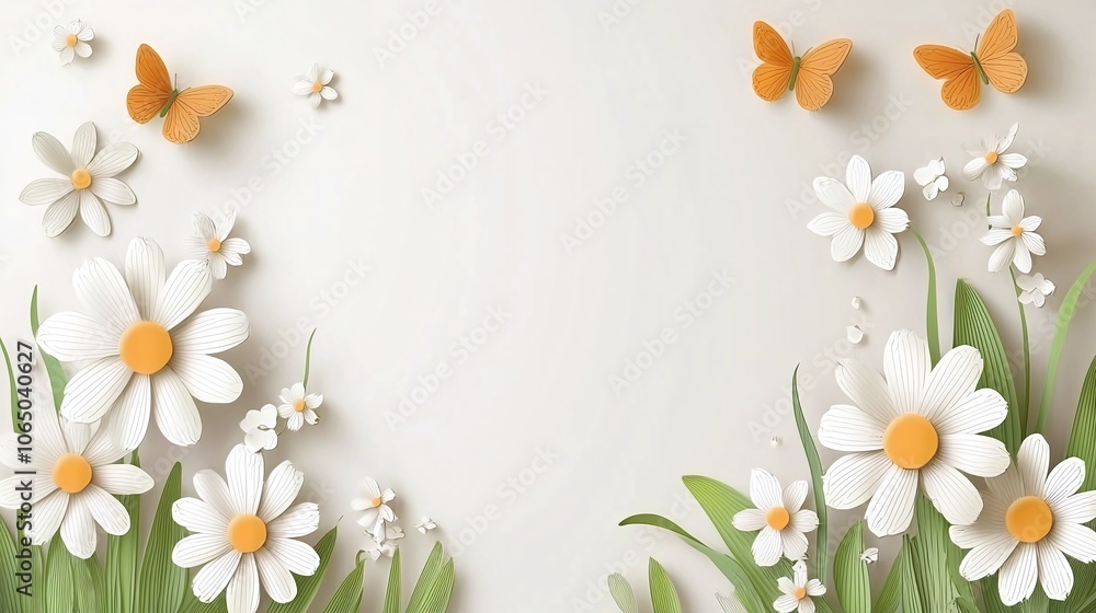 Obraz premium Springtime garden scene in paper cut style with flowers and butterflies around a blank center