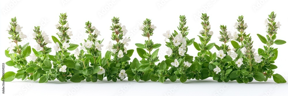 Row of White Flowers and Green Leaves on a White Background Row of White Flowers and Green Leaves on a White Background