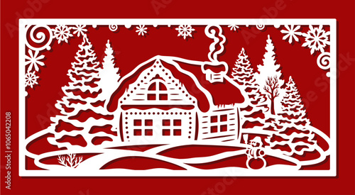 Christmas picture in a rectangular frame. Сarved image of cozy hut in coniferous snowy forest, snowman in snowdrift. Vector template for plotter laser cutting of paper, fretwork, metal engraving, cnc.