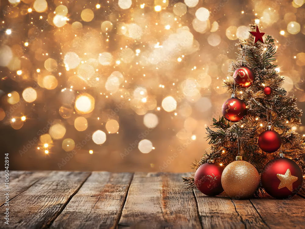 Decorative 3d glitter and shinning golden and rose gold background with christmas tree on wooden floor, premium Decorative 3d glitter and shinning golden and rose gold background with christmas tree on wooden floor, premium