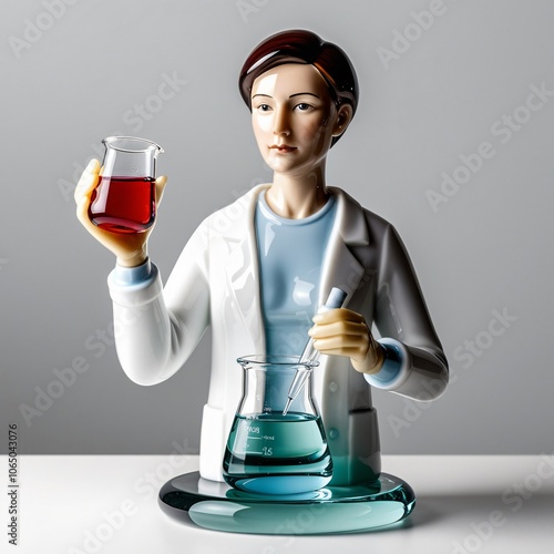 Glass sculpture of a professional laboratory technician in white coat, focused on precise measurements with beaker and pipette, showcasing dedication, generative ai photo