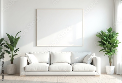 A minimalist living room with a white sofa, plants, and a large blank canvas photo