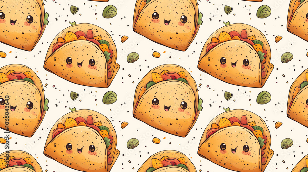 Cute doodle seamless pattern featuring tacos with expressive faces ideal for home decor and food themed designs Cute doodle seamless pattern featuring tacos with expressive faces ideal for home decor and food themed designs