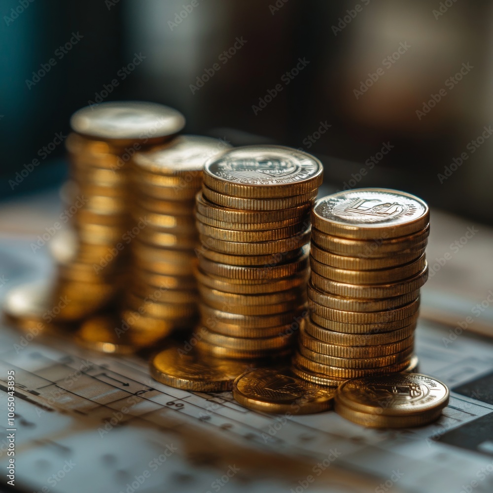 Golden Coins Stacked on Financial Document Money Growth Concept Golden Coins Stacked on Financial Document Money Growth Concept