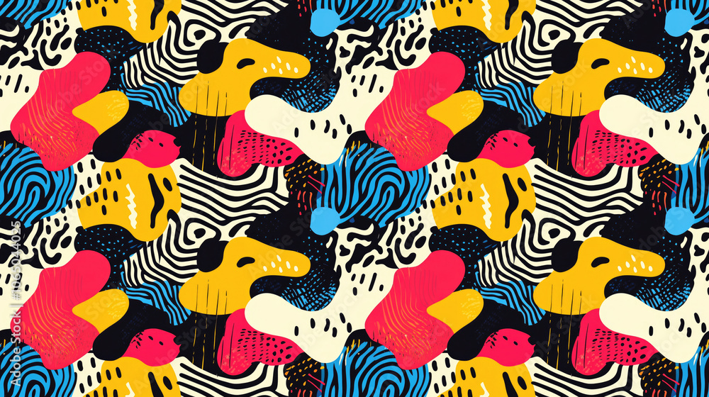 Vibrant seamless pattern of abstract shapes and colors ideal for textile design and digital artwork Vibrant seamless pattern of abstract shapes and colors ideal for textile design and digital artwork