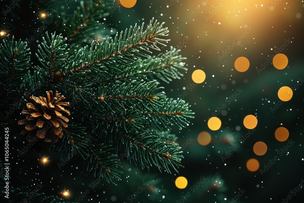 Evergreen Branch with Pine Cone and Bokeh Lights Evergreen Branch with Pine Cone and Bokeh Lights