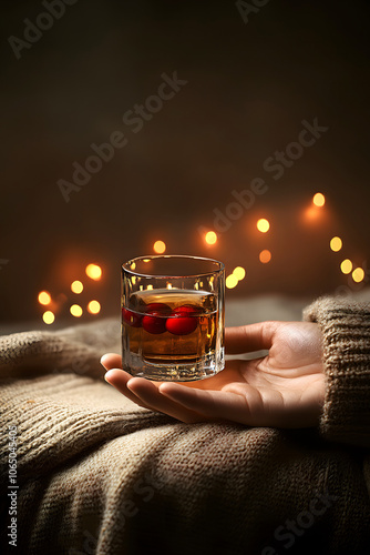 Kruchon Drink in Hand with Christmas Lights photo