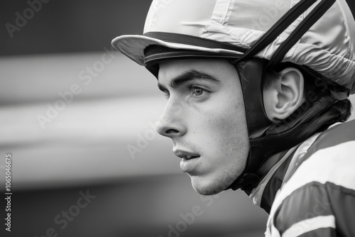 A close-up side profile of a young jockey in racing attire, intently focused on the upcoming competitive horse race, showcasing heightened concentration and readiness. photo