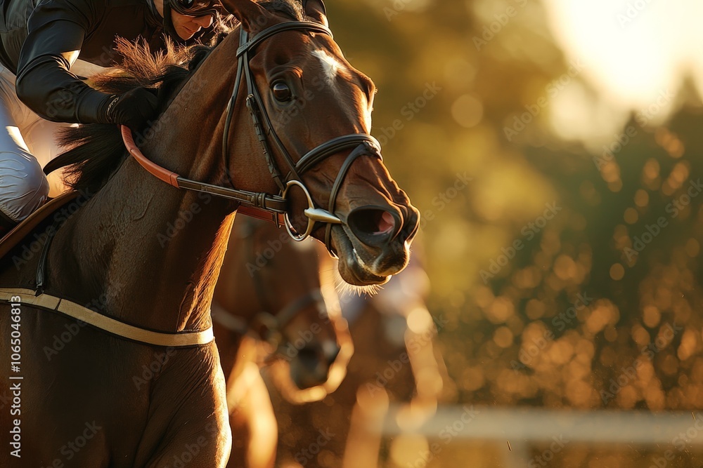 Obraz premium A dynamic close-up of a majestic brown horse captured in the middle of a high-speed racing event, showcasing strength, focus, and the thrill of the competition.