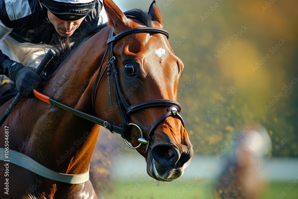 Obraz premium A majestic racehorse captured in a dynamic close-up as it contests in a thrilling competition, exuding power, focus, and athletic elegance on a bright day.