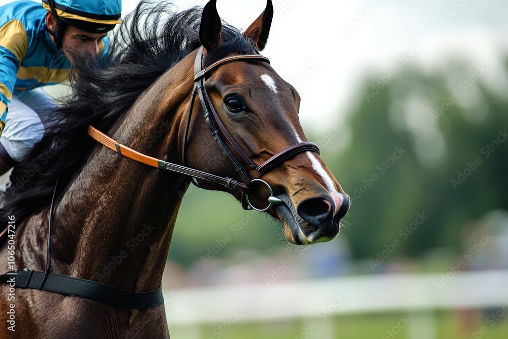 Obraz premium A focused jockey riding an agile horse at high speed, showcasing the intensity and precision of competitive equestrian sports against a vibrant, lush backdrop.