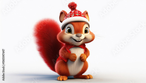 cute animal in a  Christmas hat and scarf stands in a snowy and looks at the camera against the backdrop of isolate on white