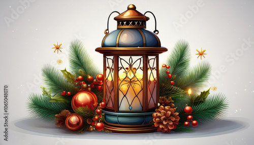 Christmas Lantern With Decoration On Snow  - Snowy Candlelight.Isolated on white