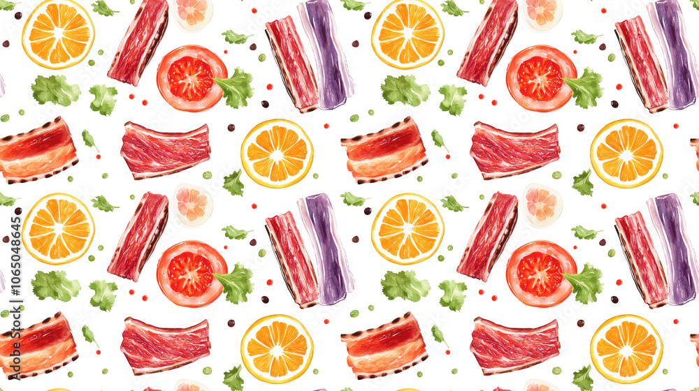 Seamless pattern of circular frames featuring colorful vegan ribs showcasing healthy food design in watercolor style Seamless pattern of circular frames featuring colorful vegan ribs showcasing healthy food design in watercolor style