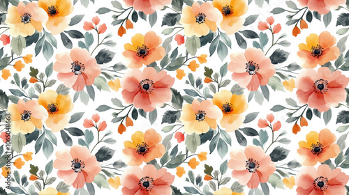 Seamless watercolor pattern featuring an elegant bouquet of colorful flowers and lush leaves on a crisp white background