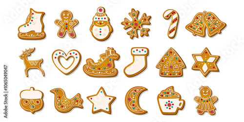 Christmas Gingerbread cookies for xmas celebration. Winter homemade sweets in festive shapes isolated on white background. Cute flat biscuits. Cartoon vector illustration.