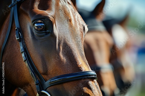 A detailed side profile of a horse's face against a backdrop of other horses, highlighting calmness, focus, and connection in an equestrian environment. photo