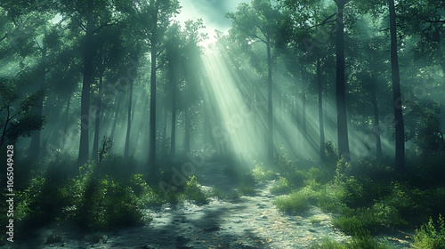 Sunbeams pierce through the dense canopy of a misty forest, illuminating a path leading deeper into the woods.