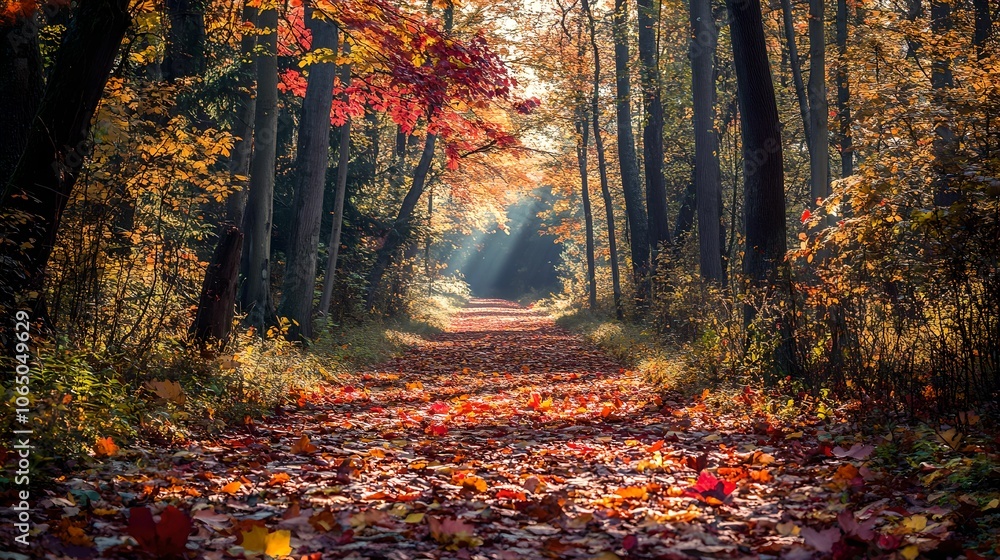 Fototapeta premium Scenic Forest Path with Colorful Autumn Leaves, nature, orange, red, yellow