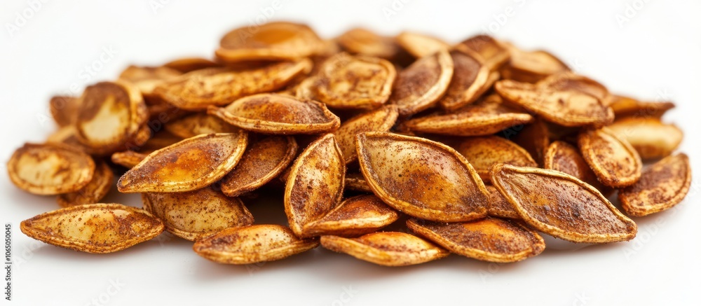 Obraz premium A close-up shot of a pile of roasted pumpkin seeds on a white background.