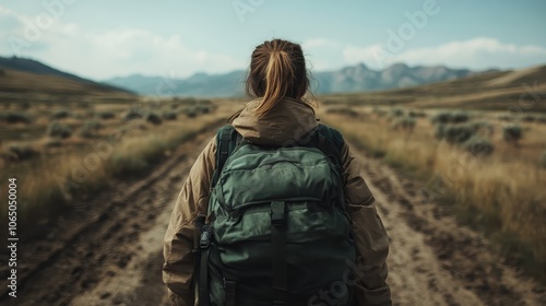 A lone traveler with a green backpack treks an open dirt road, representing themes of solitude, exploration, and the pursuit of personal discovery in vast landscapes. photo