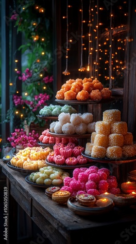 Colorful Indian sweets (mithai) arranged on a plate, vibrant hues, surrounded by traditional Diwali lights and decor photo