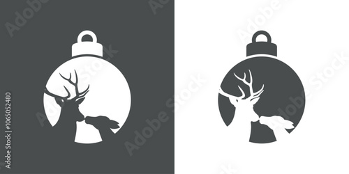 Tiempo de Navidad. Logo con silueta de bola de navidad con pareja de ciervo o reno macho y hembra dándose un beso 