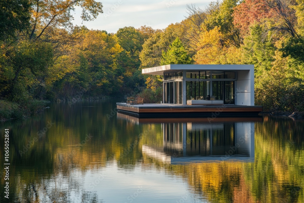 This image captures a white modern floating home reflected in the water surrounded by autumn trees, blending modern architecture with vibrant natural colors. This image captures a white modern floating home reflected in the water surrounded by autumn trees, blending modern architecture with vibrant natural colors.