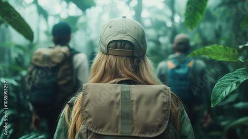 Fototapeta Naklejka Na Ścianę i Meble -  A group of adventurers trek through dense jungle trails shrouded in mist, evoking a sense of exploration, camaraderie, and the allure of the natural world.