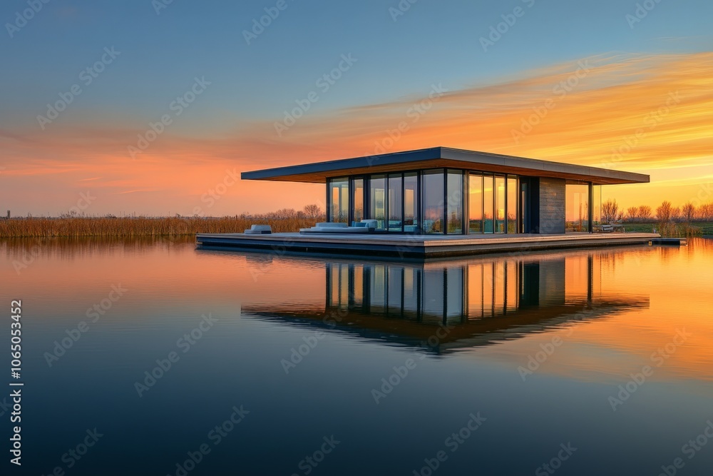 A contemporary floating home shines under the sunset sky, reflecting its geometric shapes on calm water. Surrounded by reeds, it embodies tranquility and modern design. A contemporary floating home shines under the sunset sky, reflecting its geometric shapes on calm water. Surrounded by reeds, it embodies tranquility and modern design.
