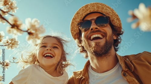 A joyful father and daughter duo smile widely in a field of blooming flowers, capturing a moment of happiness, warmth, and timeless love under a clear blue sky.