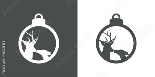 Tiempo de Navidad. Logo con silueta de bola de navidad con pareja de ciervo o reno macho y hembra dándose un beso 