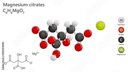 Molecule: Magnesium Citrate. E345. Molecular structure. Formula: C6H6MgO7. Chemical model: Ball and stick. White background. 3D illustration. photo