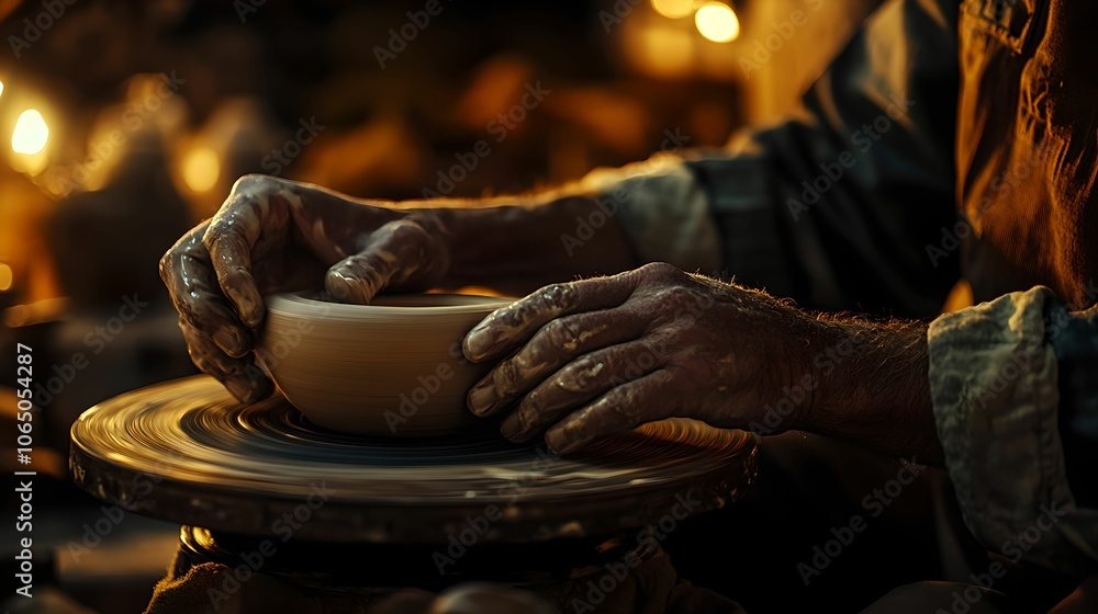 Craftsman Working on Pottery in Rustic Studio, hands, art, ceramics, skill Craftsman Working on Pottery in Rustic Studio, hands, art, ceramics, skill