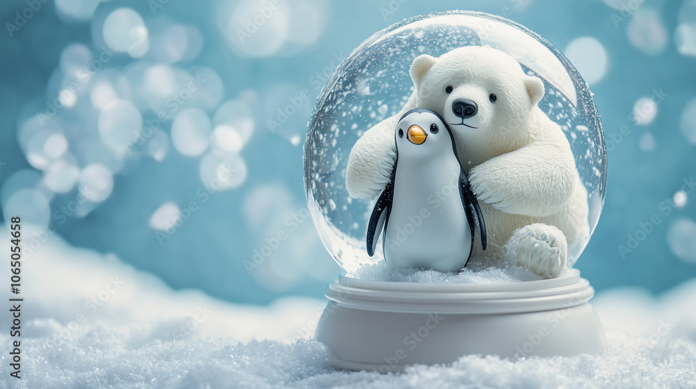 Obraz premium Polar bear with penguin in snow globe 
