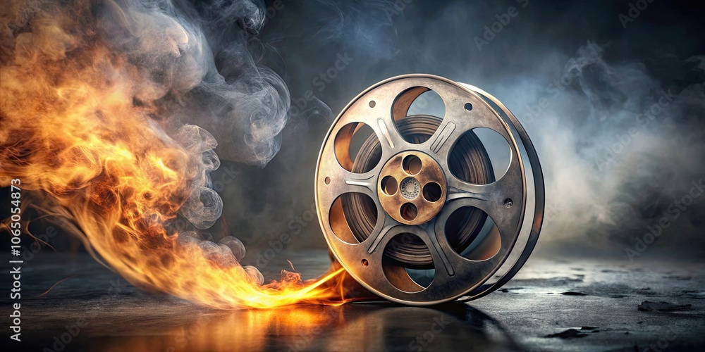 Burning film reels emitting smoke on metal surface, fire, film, reels, smoke, burning, metal, surface, danger Burning film reels emitting smoke on metal surface, fire, film, reels, smoke, burning, metal, surface, danger