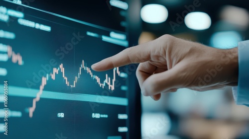 A hand pointing to a stock market chart on a screen, analyzing financial trends and market data.