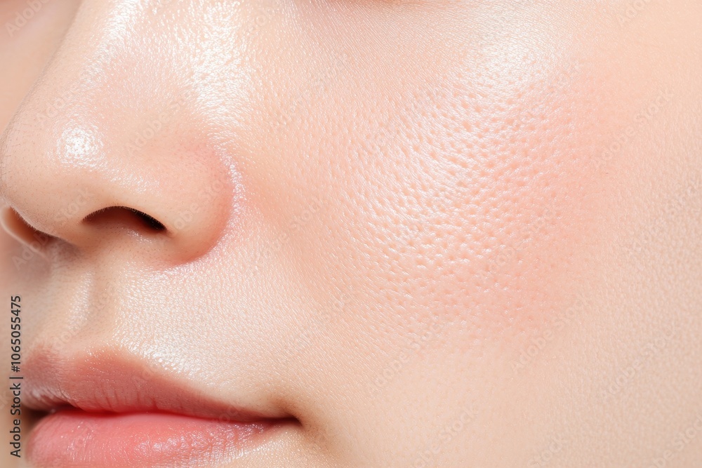 Fototapeta premium A detailed close-up image of facial skin with visible pores and smooth texture, highlighting skincare and skin health.