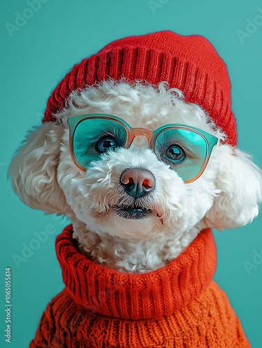 Fluffy bichon dog wearing red sweater and hat, with stylish glasses. This adorable pet exudes charm and personality against vibrant turquoise background photo