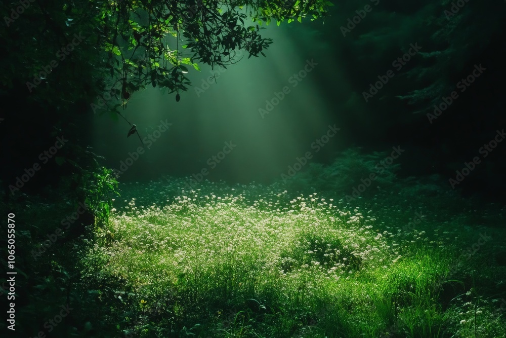 Obraz premium Gentle beams of sunlight cascade through the dense forest canopy, casting an ethereal glow over a lush glade lush with delicate wildflowers, a moment of natural serenity.