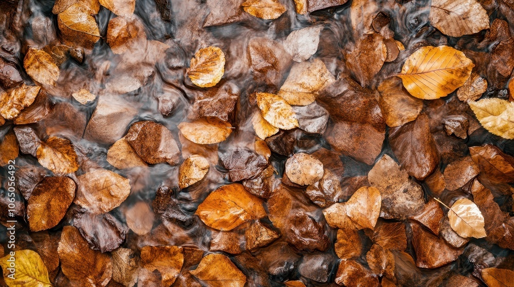 An artistic capture of autumn leaves and smooth stones beneath a clear water surface, illustrating the seasonal transition and nature's intricate textures. An artistic capture of autumn leaves and smooth stones beneath a clear water surface, illustrating the seasonal transition and nature's intricate textures.